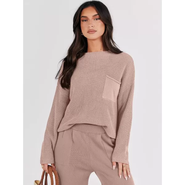 Caracilia Womens 2 Piece Outfits Sweater Sets Long Sleeve Knit Tops and Loose Pants Classy Matching Tracksuit Lounge Sets