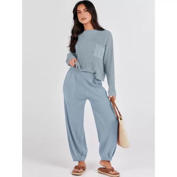 Caracilia Womens 2 Piece Outfits Sweater Sets Long Sleeve Knit Tops and Loose Pants Classy Matching Tracksuit Lounge Sets