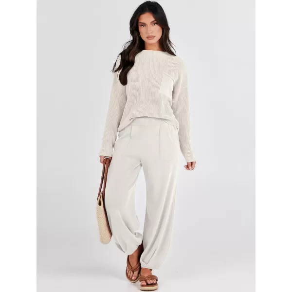 Caracilia Womens 2 Piece Outfits Sweater Sets Long Sleeve Knit Tops and Loose Pants Classy Matching Tracksuit Lounge Sets