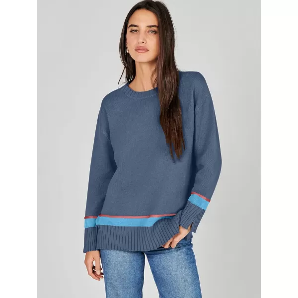 Caracilia Women's 2023 Fall Winter Striped Long Sleeve Crew Neck Ribbed Knit Side Slit Pullover Sweater Top