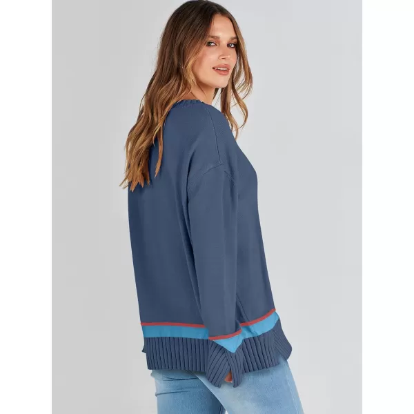 Caracilia Women's 2023 Fall Winter Striped Long Sleeve Crew Neck Ribbed Knit Side Slit Pullover Sweater Top
