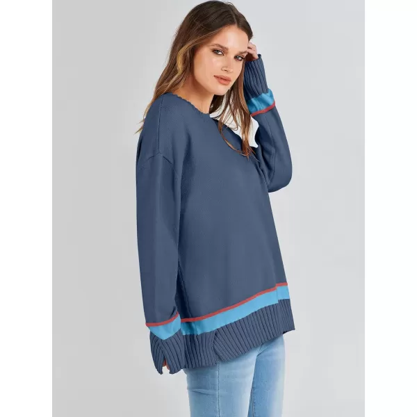 Caracilia Women's 2023 Fall Winter Striped Long Sleeve Crew Neck Ribbed Knit Side Slit Pullover Sweater Top