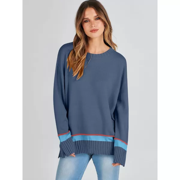 Caracilia Women's 2023 Fall Winter Striped Long Sleeve Crew Neck Ribbed Knit Side Slit Pullover Sweater Top