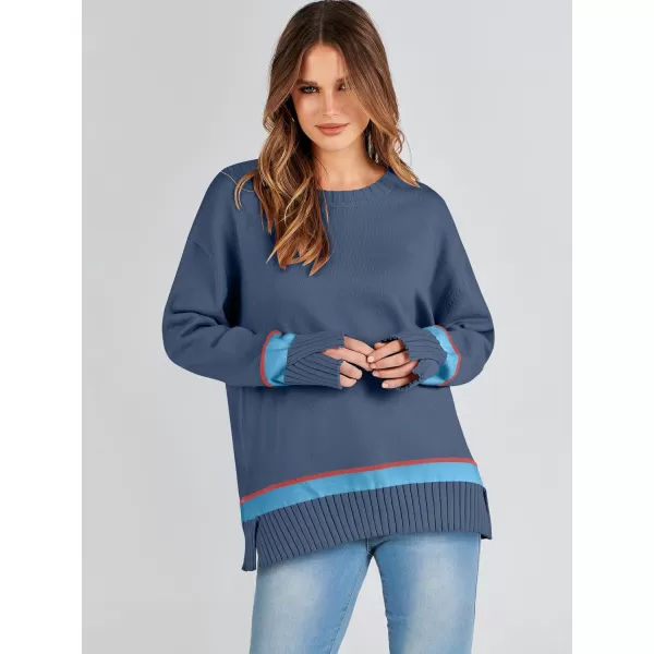 Caracilia Women's 2023 Fall Winter Striped Long Sleeve Crew Neck Ribbed Knit Side Slit Pullover Sweater Top
