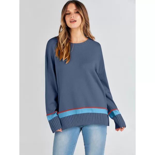 Caracilia Women's 2023 Fall Winter Striped Long Sleeve Crew Neck Ribbed Knit Side Slit Pullover Sweater Top