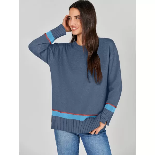 Caracilia Women's 2023 Fall Winter Striped Long Sleeve Crew Neck Ribbed Knit Side Slit Pullover Sweater Top