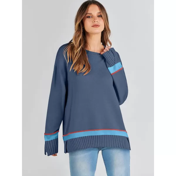 Caracilia Women's 2023 Fall Winter Striped Long Sleeve Crew Neck Ribbed Knit Side Slit Pullover Sweater Top
