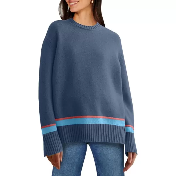 Caracilia Women's 2023 Fall Winter Striped Long Sleeve Crew Neck Ribbed Knit Side Slit Pullover Sweater Top
