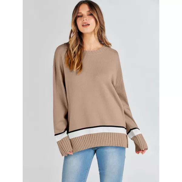 Caracilia Women's 2023 Fall Winter Striped Long Sleeve Crew Neck Ribbed Knit Side Slit Pullover Sweater Top