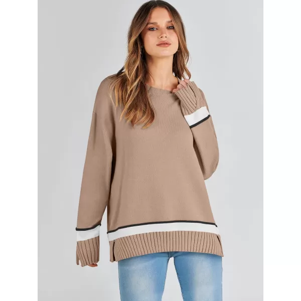Caracilia Women's 2023 Fall Winter Striped Long Sleeve Crew Neck Ribbed Knit Side Slit Pullover Sweater Top