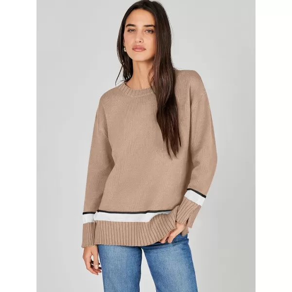 Caracilia Women's 2023 Fall Winter Striped Long Sleeve Crew Neck Ribbed Knit Side Slit Pullover Sweater Top