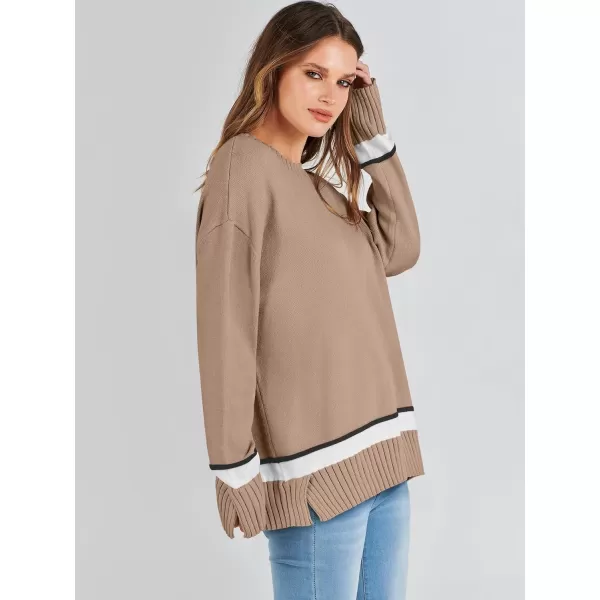 Caracilia Women's 2023 Fall Winter Striped Long Sleeve Crew Neck Ribbed Knit Side Slit Pullover Sweater Top