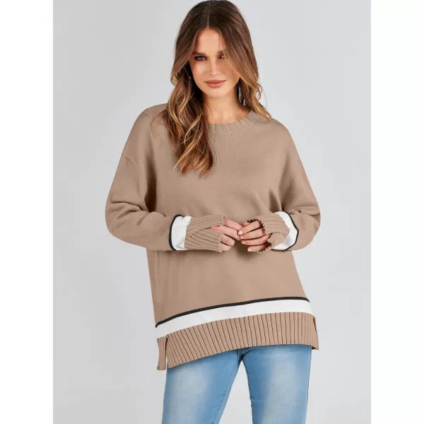 Caracilia Women's 2023 Fall Winter Striped Long Sleeve Crew Neck Ribbed Knit Side Slit Pullover Sweater Top