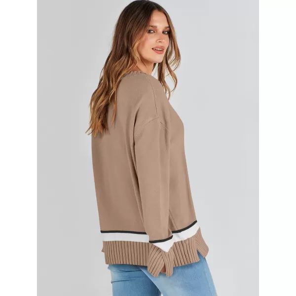 Caracilia Women's 2023 Fall Winter Striped Long Sleeve Crew Neck Ribbed Knit Side Slit Pullover Sweater Top