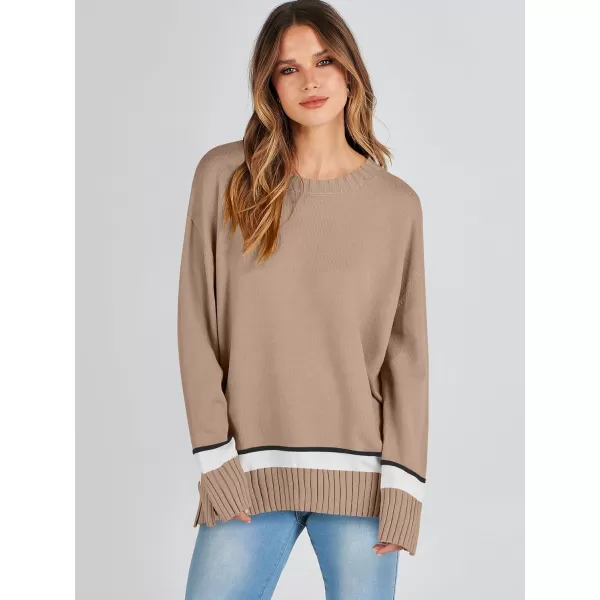 Caracilia Women's 2023 Fall Winter Striped Long Sleeve Crew Neck Ribbed Knit Side Slit Pullover Sweater Top