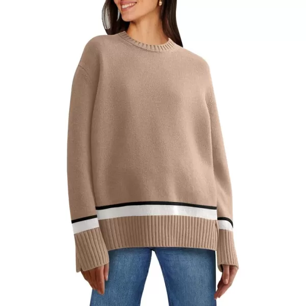 Caracilia Women's 2023 Fall Winter Striped Long Sleeve Crew Neck Ribbed Knit Side Slit Pullover Sweater Top