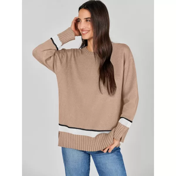 Caracilia Women's 2023 Fall Winter Striped Long Sleeve Crew Neck Ribbed Knit Side Slit Pullover Sweater Top