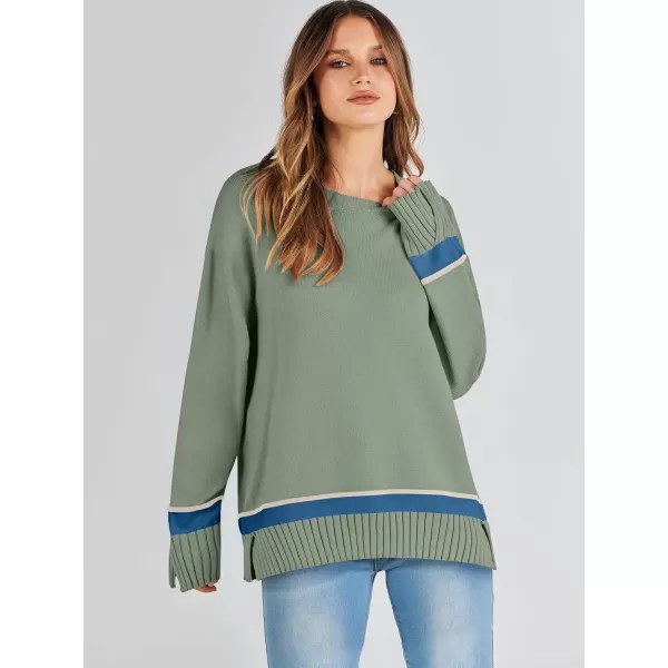 Caracilia Women's 2023 Fall Winter Striped Long Sleeve Crew Neck Ribbed Knit Side Slit Pullover Sweater Top