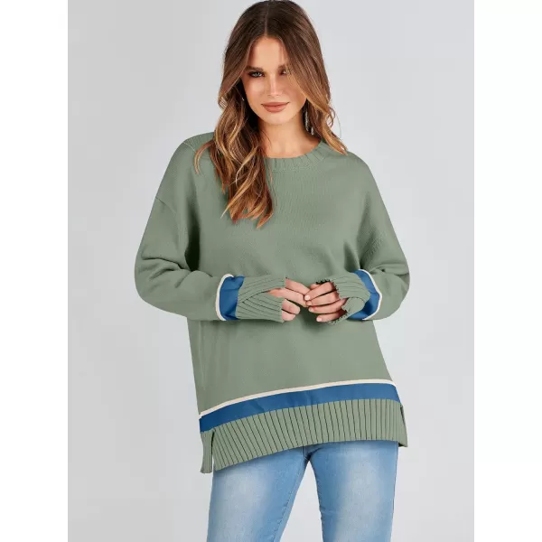 Caracilia Women's 2023 Fall Winter Striped Long Sleeve Crew Neck Ribbed Knit Side Slit Pullover Sweater Top
