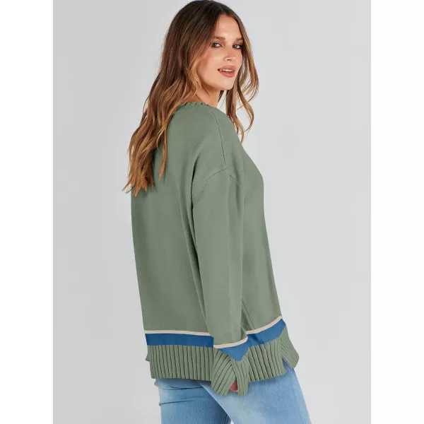 Caracilia Women's 2023 Fall Winter Striped Long Sleeve Crew Neck Ribbed Knit Side Slit Pullover Sweater Top