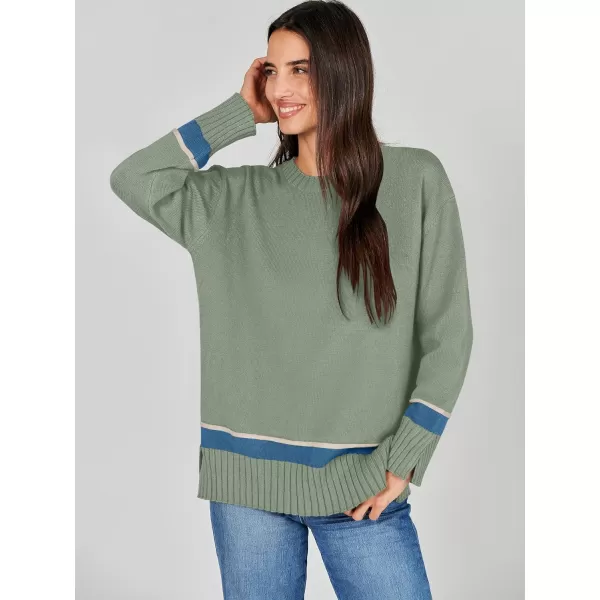 Caracilia Women's 2023 Fall Winter Striped Long Sleeve Crew Neck Ribbed Knit Side Slit Pullover Sweater Top