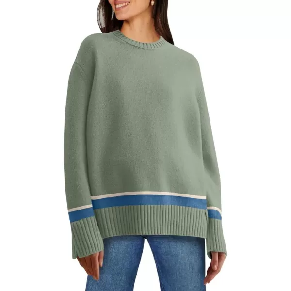 Caracilia Women's 2023 Fall Winter Striped Long Sleeve Crew Neck Ribbed Knit Side Slit Pullover Sweater Top