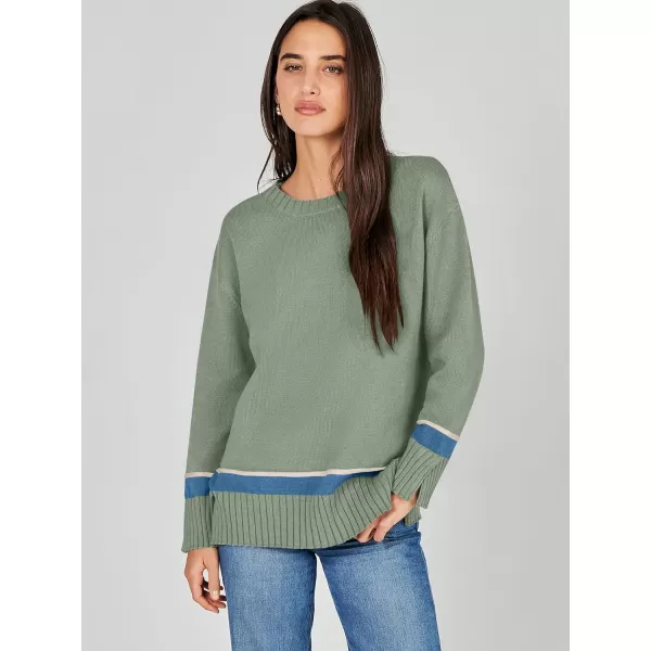 Caracilia Women's 2023 Fall Winter Striped Long Sleeve Crew Neck Ribbed Knit Side Slit Pullover Sweater Top