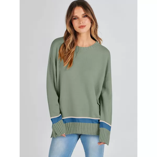 Caracilia Women's 2023 Fall Winter Striped Long Sleeve Crew Neck Ribbed Knit Side Slit Pullover Sweater Top
