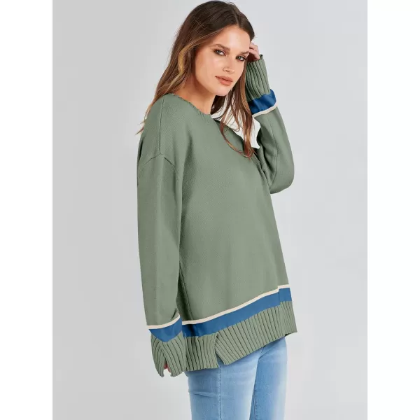 Caracilia Women's 2023 Fall Winter Striped Long Sleeve Crew Neck Ribbed Knit Side Slit Pullover Sweater Top