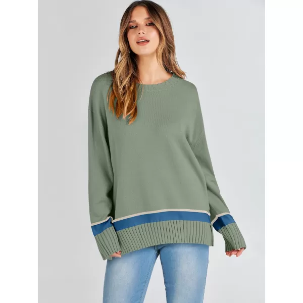 Caracilia Women's 2023 Fall Winter Striped Long Sleeve Crew Neck Ribbed Knit Side Slit Pullover Sweater Top