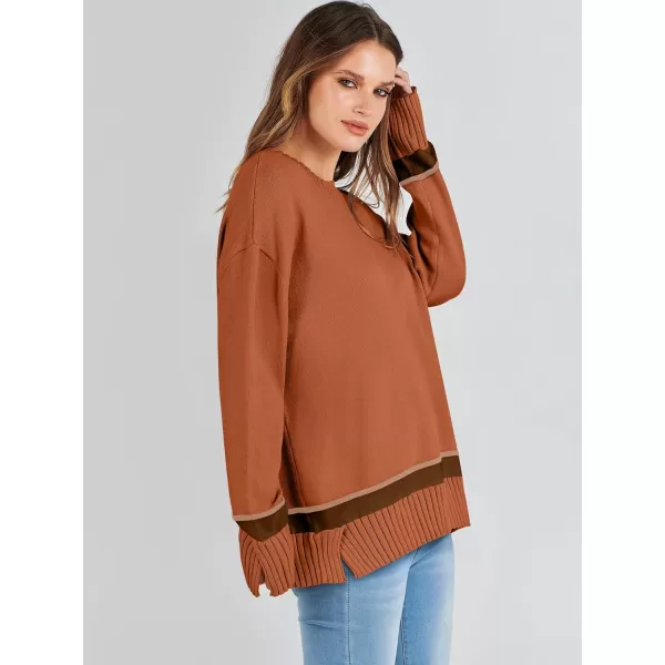 Caracilia Women's 2023 Fall Winter Striped Long Sleeve Crew Neck Ribbed Knit Side Slit Pullover Sweater Top