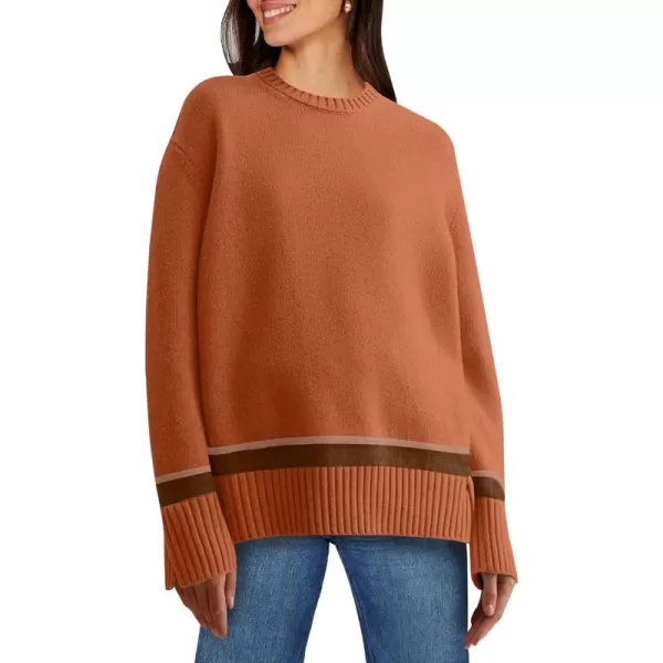 Caracilia Women's 2023 Fall Winter Striped Long Sleeve Crew Neck Ribbed Knit Side Slit Pullover Sweater Top
