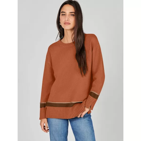 Caracilia Women's 2023 Fall Winter Striped Long Sleeve Crew Neck Ribbed Knit Side Slit Pullover Sweater Top