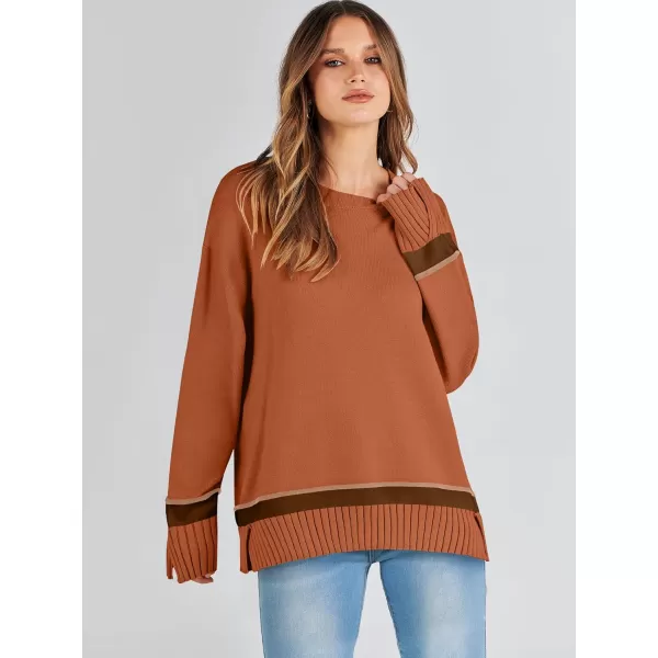 Caracilia Women's 2023 Fall Winter Striped Long Sleeve Crew Neck Ribbed Knit Side Slit Pullover Sweater Top