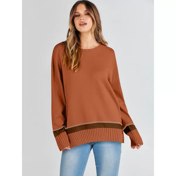 Caracilia Women's 2023 Fall Winter Striped Long Sleeve Crew Neck Ribbed Knit Side Slit Pullover Sweater Top