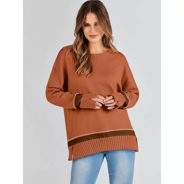Caracilia Women's 2023 Fall Winter Striped Long Sleeve Crew Neck Ribbed Knit Side Slit Pullover Sweater Top