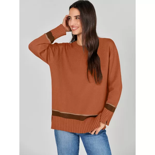 Caracilia Women's 2023 Fall Winter Striped Long Sleeve Crew Neck Ribbed Knit Side Slit Pullover Sweater Top