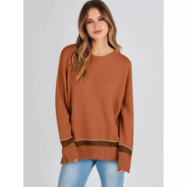 Caracilia Women's 2023 Fall Winter Striped Long Sleeve Crew Neck Ribbed Knit Side Slit Pullover Sweater Top