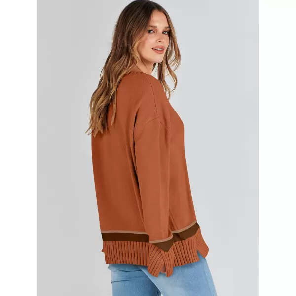 Caracilia Women's 2023 Fall Winter Striped Long Sleeve Crew Neck Ribbed Knit Side Slit Pullover Sweater Top