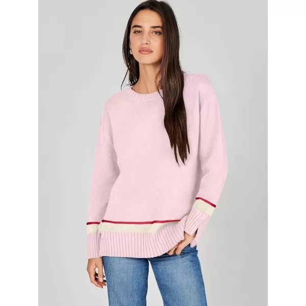 Caracilia Women's 2023 Fall Winter Striped Long Sleeve Crew Neck Ribbed Knit Side Slit Pullover Sweater Top