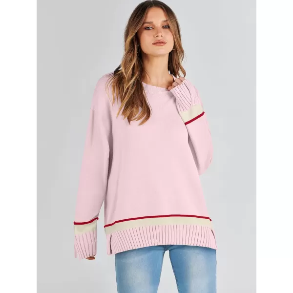 Caracilia Women's 2023 Fall Winter Striped Long Sleeve Crew Neck Ribbed Knit Side Slit Pullover Sweater Top