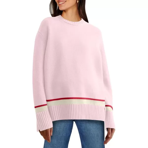 Caracilia Women's 2023 Fall Winter Striped Long Sleeve Crew Neck Ribbed Knit Side Slit Pullover Sweater Top