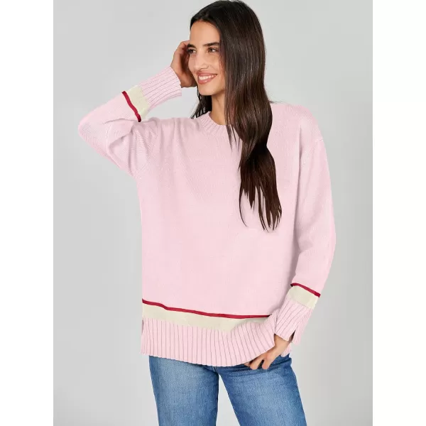 Caracilia Women's 2023 Fall Winter Striped Long Sleeve Crew Neck Ribbed Knit Side Slit Pullover Sweater Top