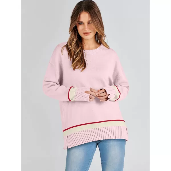 Caracilia Women's 2023 Fall Winter Striped Long Sleeve Crew Neck Ribbed Knit Side Slit Pullover Sweater Top