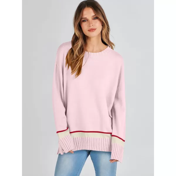 Caracilia Women's 2023 Fall Winter Striped Long Sleeve Crew Neck Ribbed Knit Side Slit Pullover Sweater Top