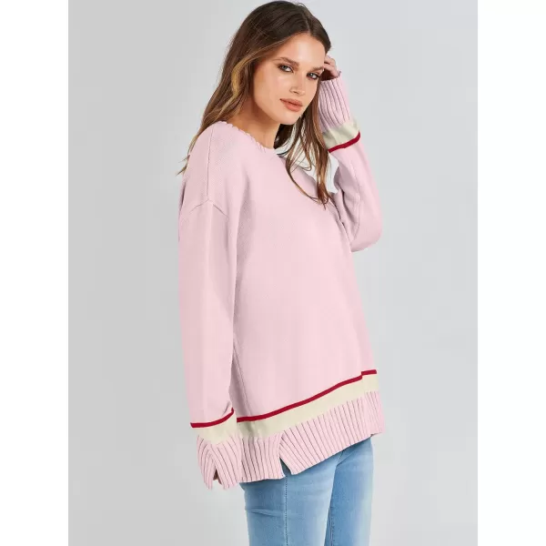 Caracilia Women's 2023 Fall Winter Striped Long Sleeve Crew Neck Ribbed Knit Side Slit Pullover Sweater Top