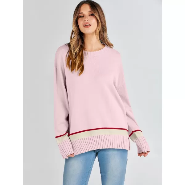 Caracilia Women's 2023 Fall Winter Striped Long Sleeve Crew Neck Ribbed Knit Side Slit Pullover Sweater Top