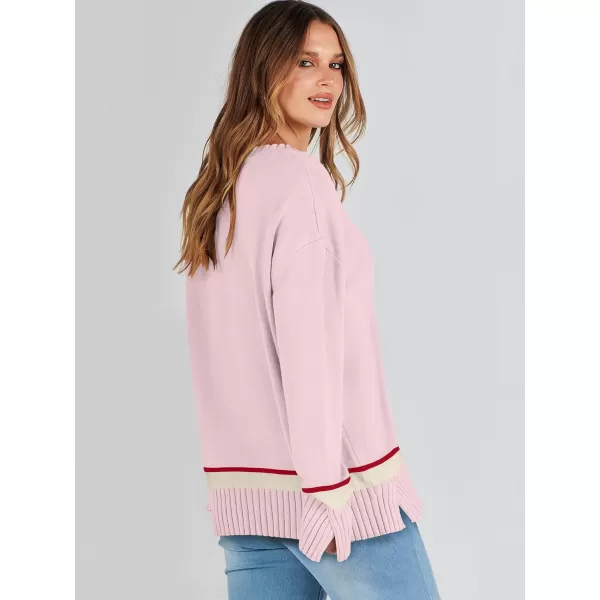 Caracilia Women's 2023 Fall Winter Striped Long Sleeve Crew Neck Ribbed Knit Side Slit Pullover Sweater Top