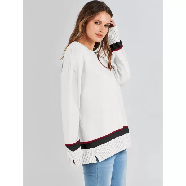 Caracilia Women's 2023 Fall Winter Striped Long Sleeve Crew Neck Ribbed Knit Side Slit Pullover Sweater Top