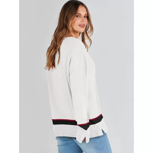 Caracilia Women's 2023 Fall Winter Striped Long Sleeve Crew Neck Ribbed Knit Side Slit Pullover Sweater Top